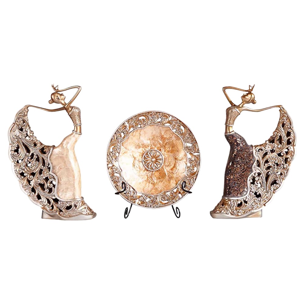 HMR - 3PCS Vintage Gold Figure Statue Sculpture Set Romantic Shell Dancer Desktop Decor