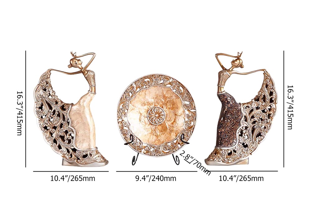 HMR - 3PCS Vintage Gold Figure Statue Sculpture Set Romantic Shell Dancer Desktop Decor