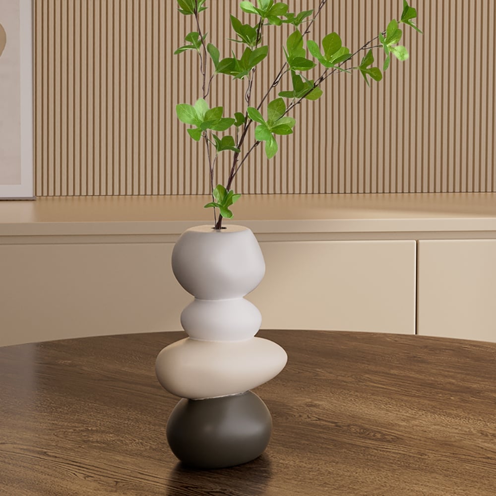 HMR - Resin Stacked Stone Vase with Faux Indoor Plant Decor Art
