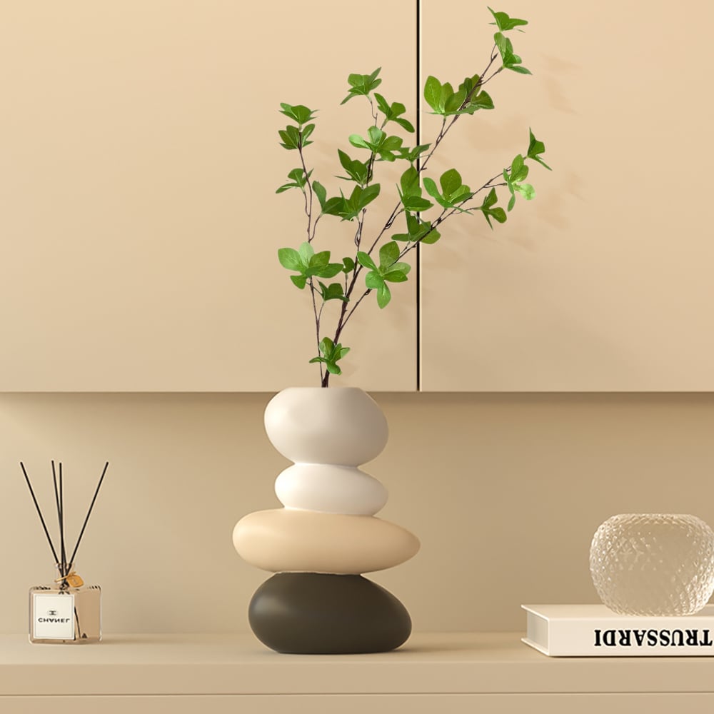 HMR - Resin Stacked Stone Vase with Faux Indoor Plant Decor Art