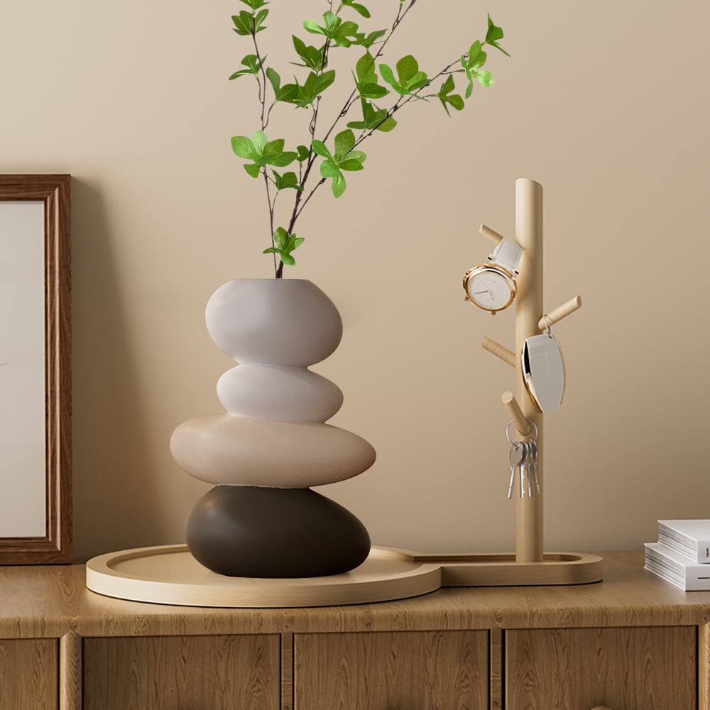 HMR - Resin Stacked Stone Vase with Faux Indoor Plant Decor Art