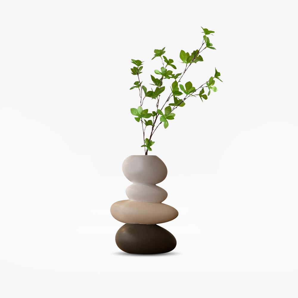 HMR - Resin Stacked Stone Vase with Faux Indoor Plant Decor Art