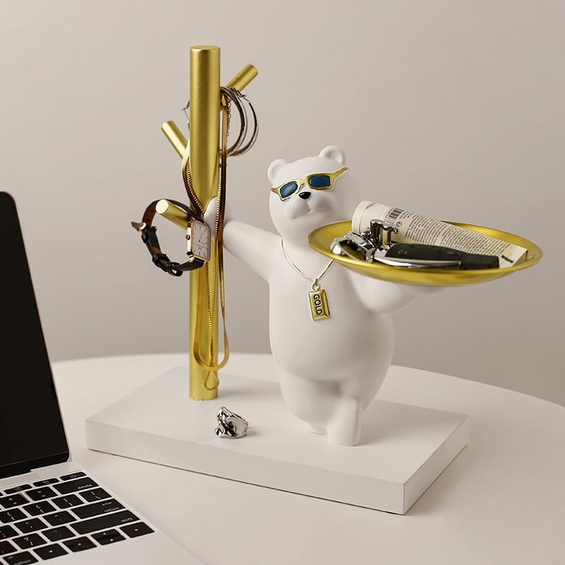 HMR - Modern White & Gold Resin Bear Decorative Storage Tray Holder Home Desk Animal Ornament