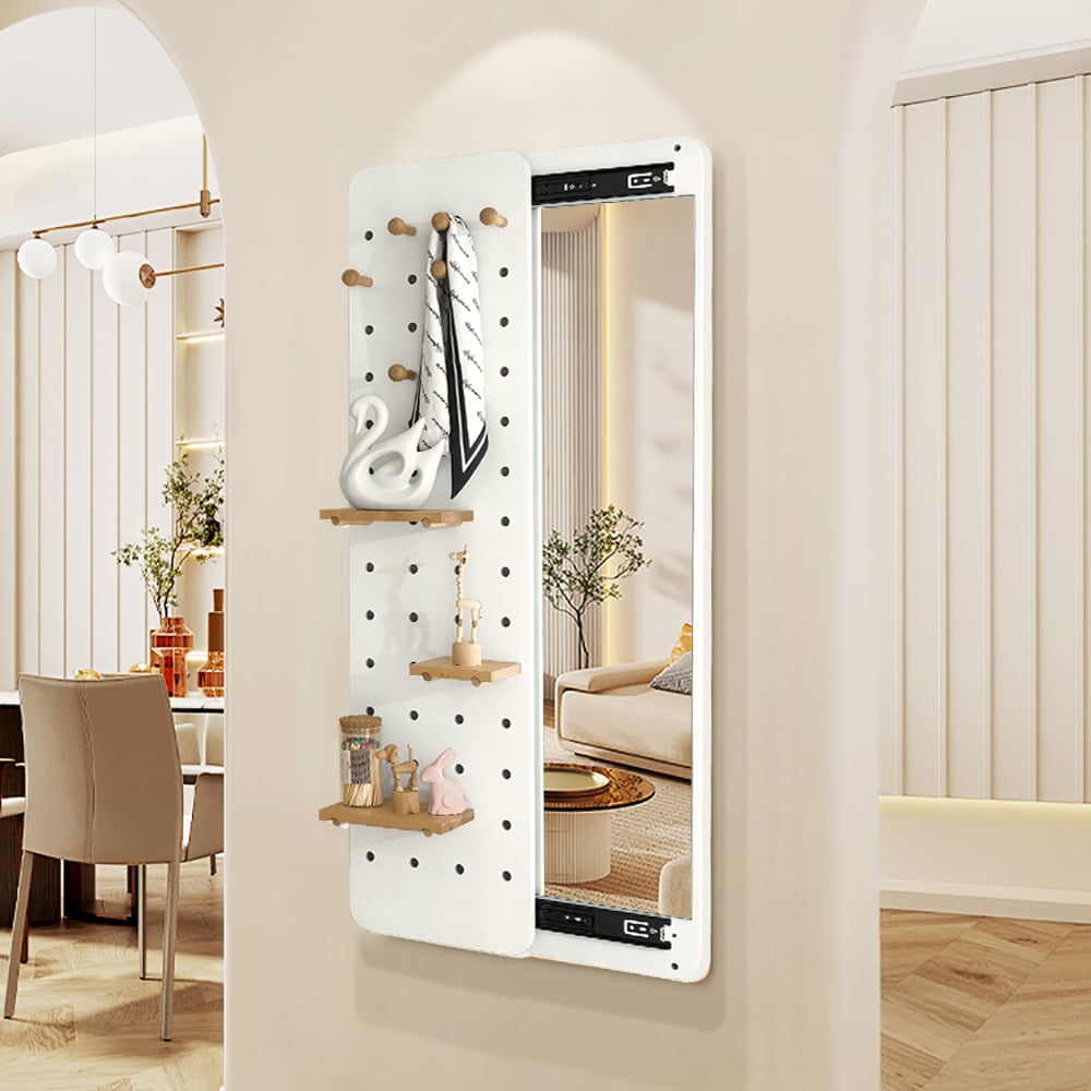 HMR - 47.2" Pegboard Hidden Sliding Dressing Full Length Floating Wall Mirror Coat Rack Hooks