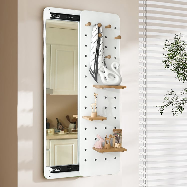 HMR - 47.2" Pegboard Hidden Sliding Dressing Full Length Floating Wall Mirror Coat Rack Hooks