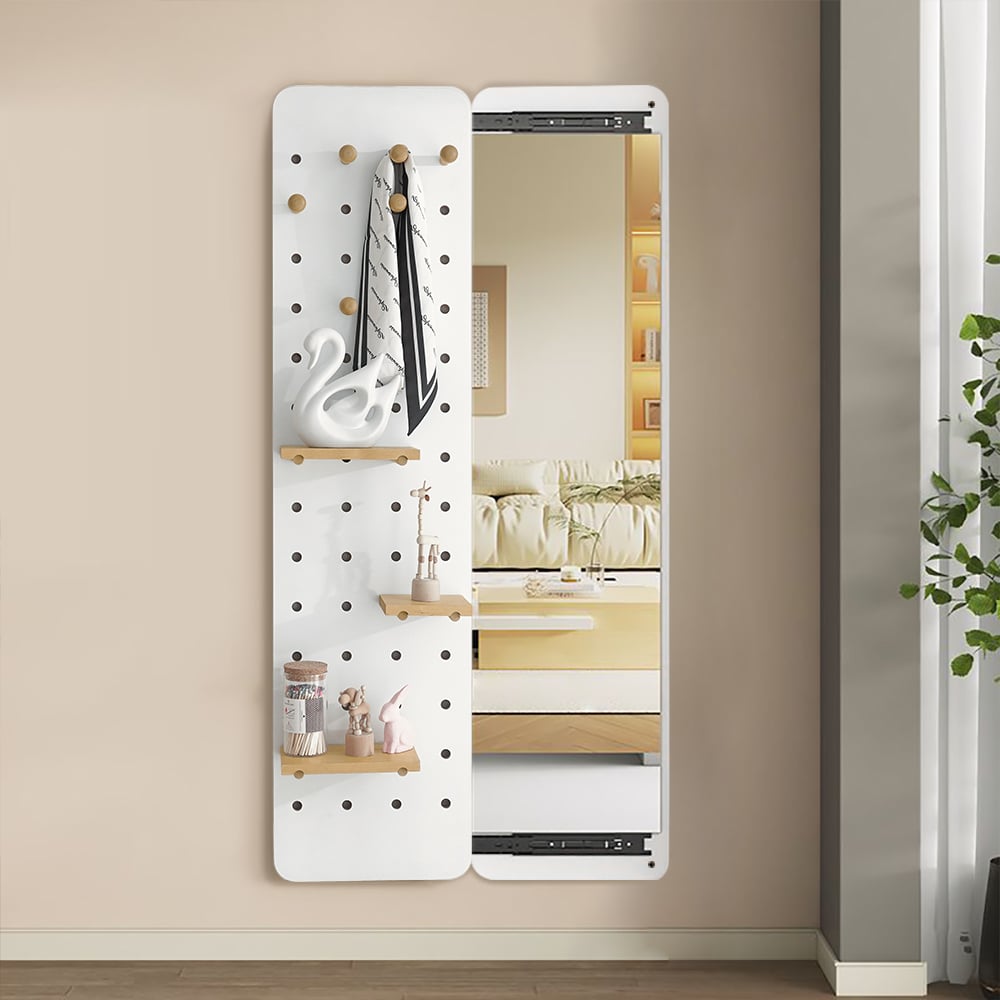 HMR - 47.2" Pegboard Hidden Sliding Dressing Full Length Floating Wall Mirror Coat Rack Hooks