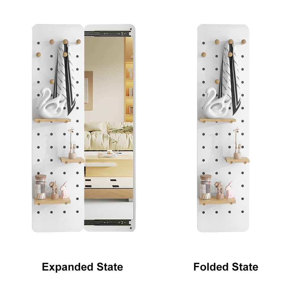 HMR - 47.2" Pegboard Hidden Sliding Dressing Full Length Floating Wall Mirror Coat Rack Hooks
