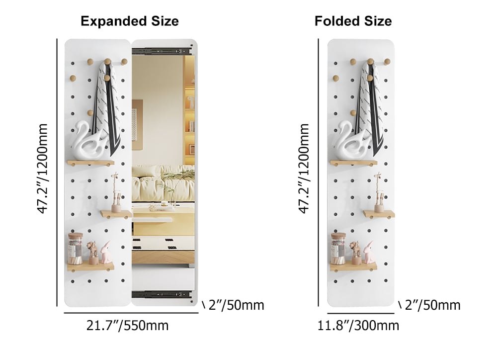 HMR - 47.2" Pegboard Hidden Sliding Dressing Full Length Floating Wall Mirror Coat Rack Hooks