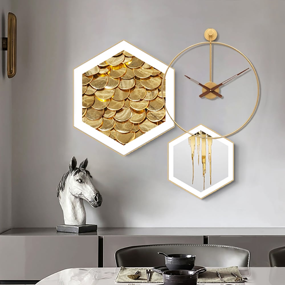 HMR - 3-Piece Modern Geometric Wall Clock Decor Set Canvas Painting Wall Art with Aluminum Frame