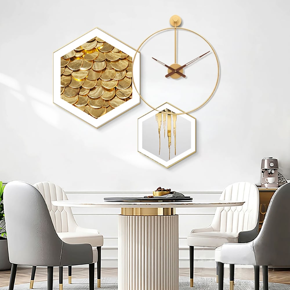 HMR - 3-Piece Modern Geometric Wall Clock Decor Set Canvas Painting Wall Art with Aluminum Frame