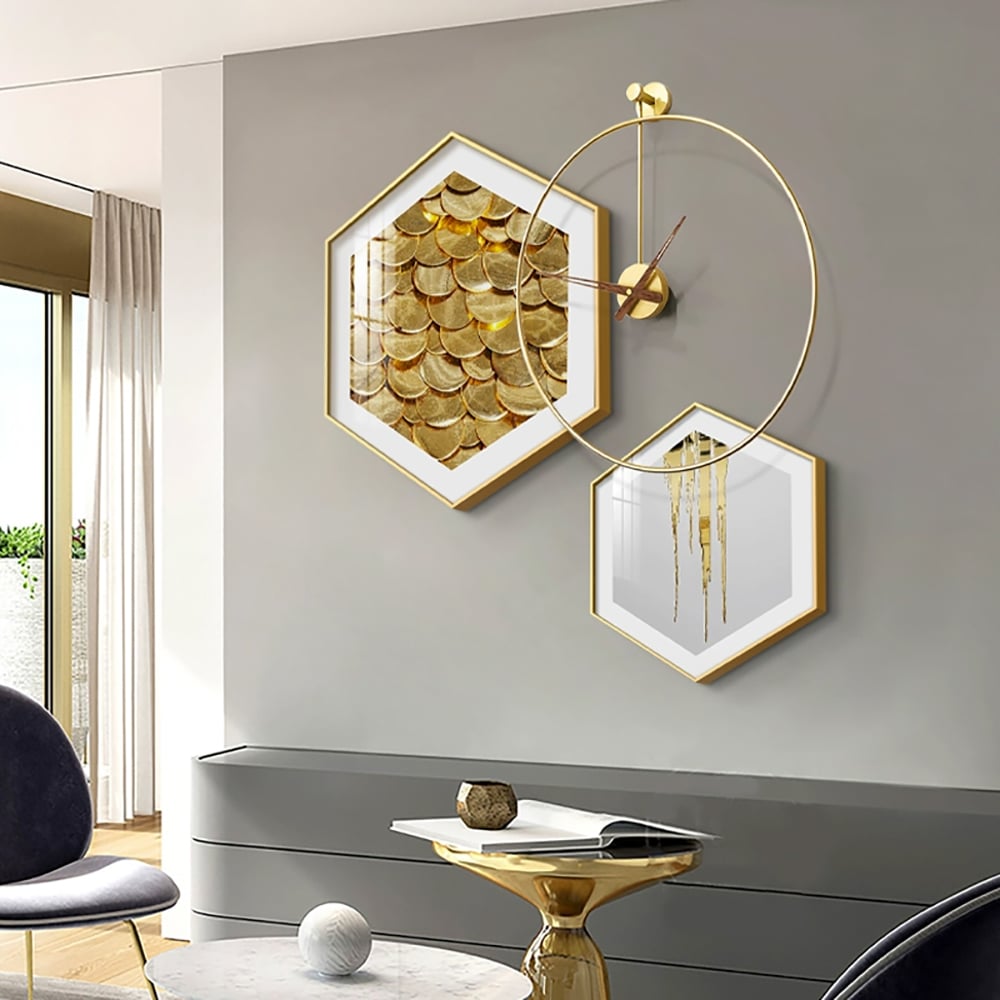 HMR - 3-Piece Modern Geometric Wall Clock Decor Set Canvas Painting Wall Art with Aluminum Frame