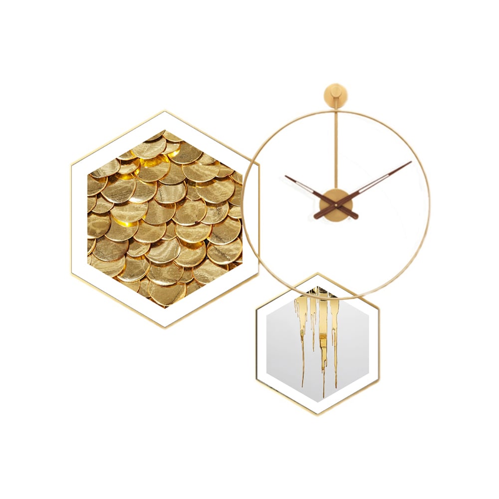 HMR - 3-Piece Modern Geometric Wall Clock Decor Set Canvas Painting Wall Art with Aluminum Frame