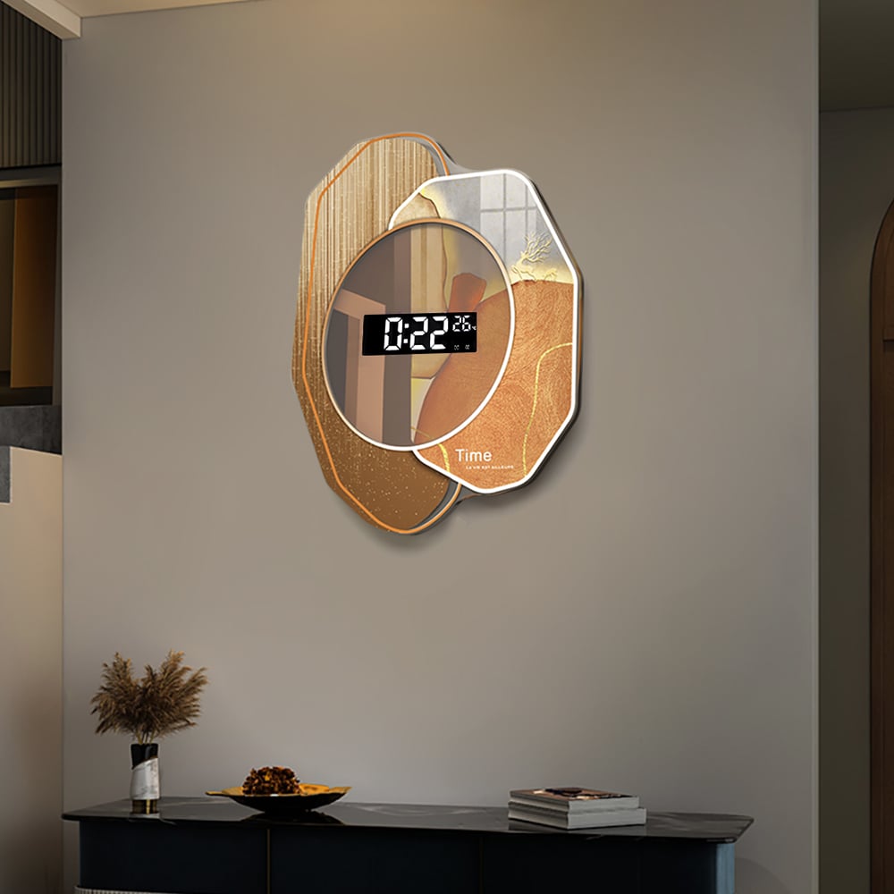 HMR - 20.9" LED Digital Display Abstract Acrylic Wall Clock Modern Decor Art in Orange