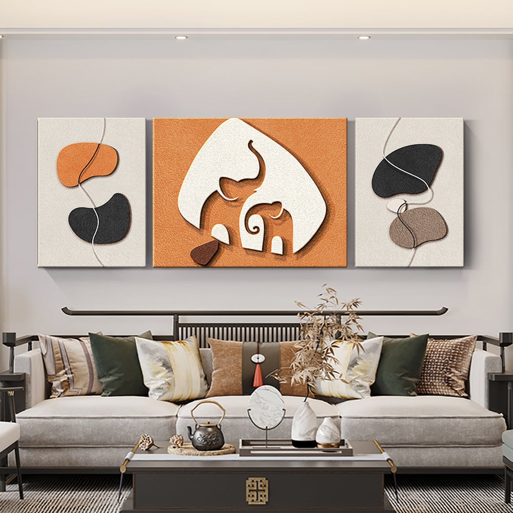 HMR - 3-Pieces Elephant Wall Decor Set Modern 3D Abstract Geometric Painting Art Living Room