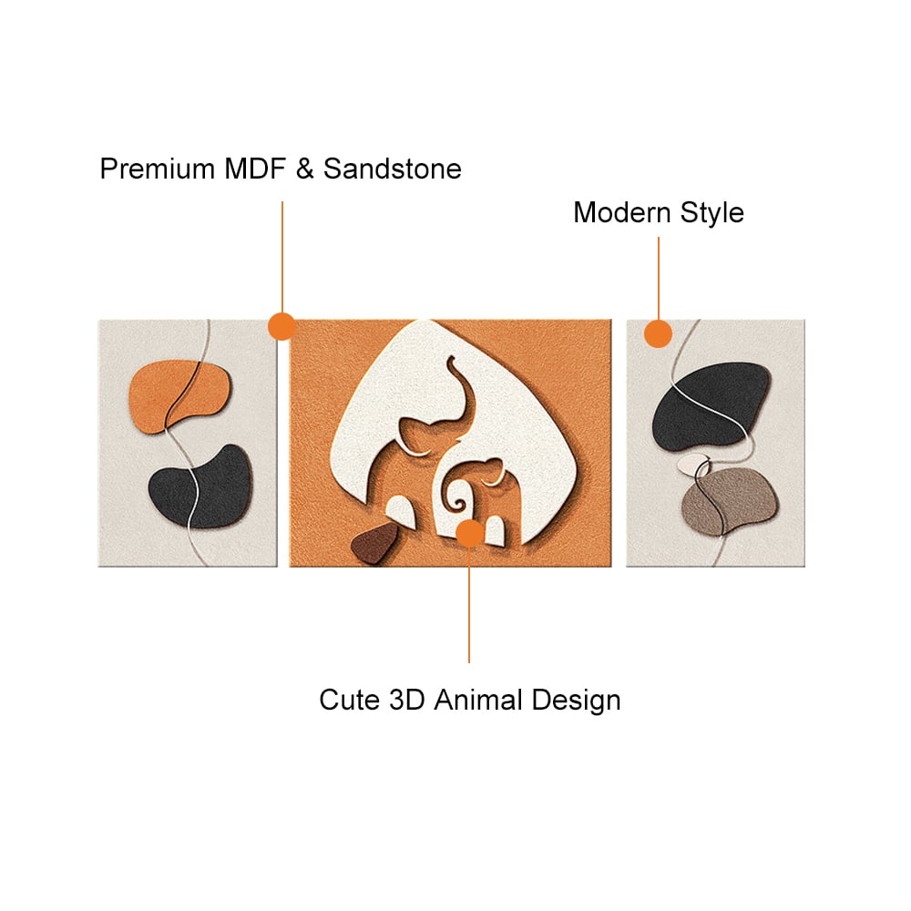 HMR - 3-Pieces Elephant Wall Decor Set Modern 3D Abstract Geometric Painting Art Living Room
