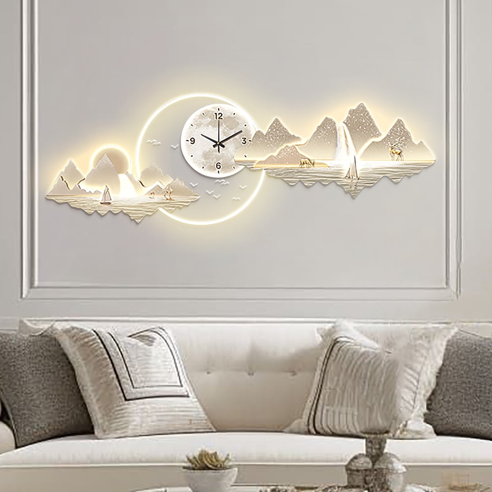 HMR - 39.4" LED Silent Wall Clock Modern Landscape Hanging Painting Decorative Wall Art