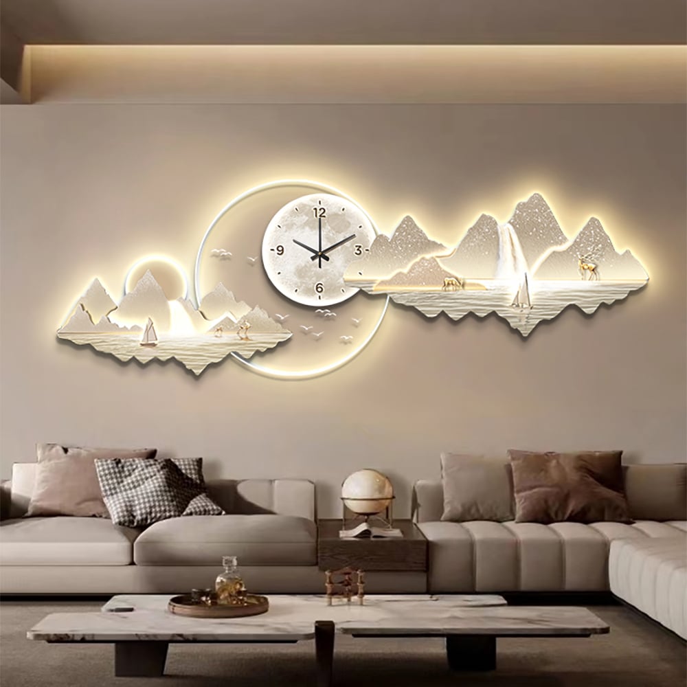 HMR - 39.4" LED Silent Wall Clock Modern Landscape Hanging Painting Decorative Wall Art