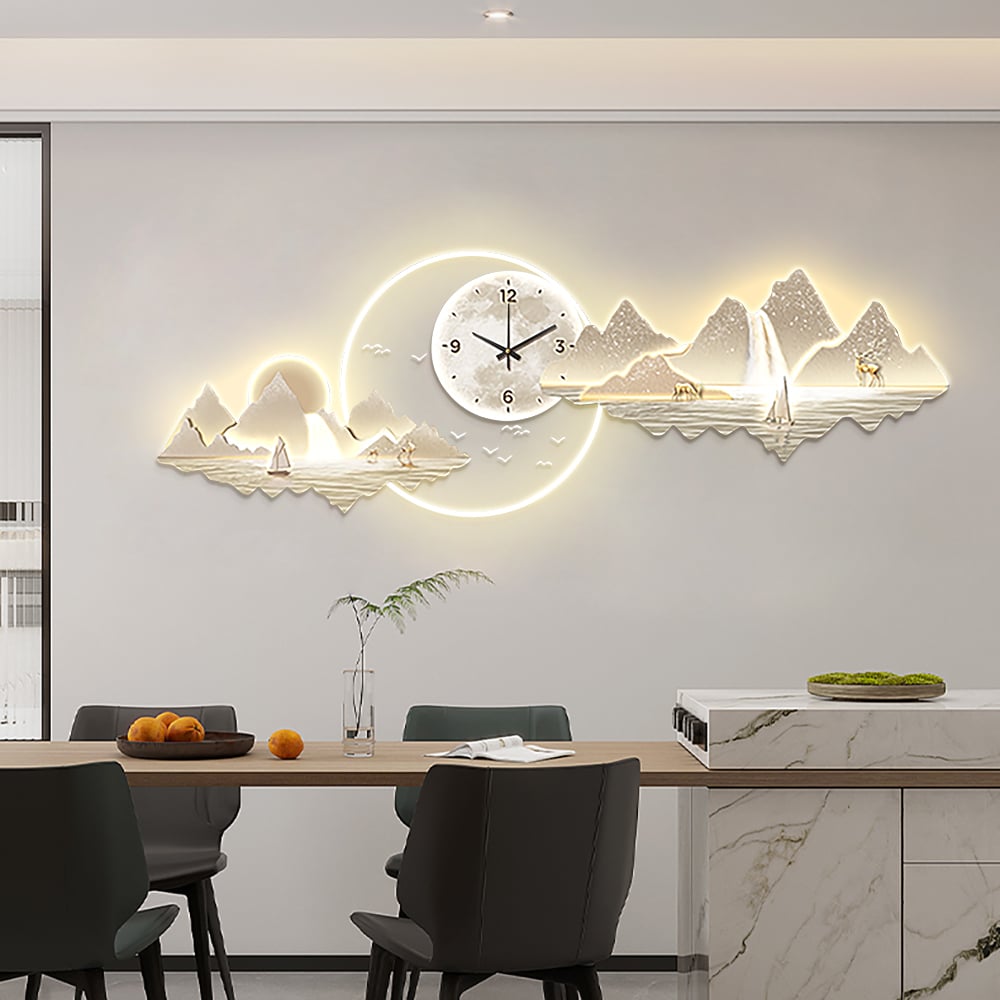 HMR - 39.4" LED Silent Wall Clock Modern Landscape Hanging Painting Decorative Wall Art