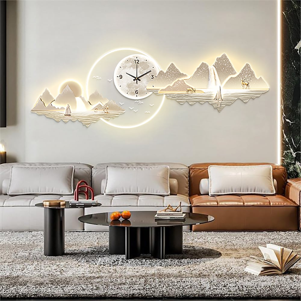 HMR - 39.4" LED Silent Wall Clock Modern Landscape Hanging Painting Decorative Wall Art