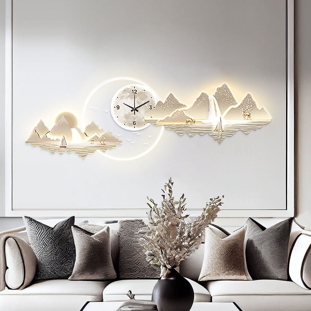 HMR - 39.4" LED Silent Wall Clock Modern Landscape Hanging Painting Decorative Wall Art