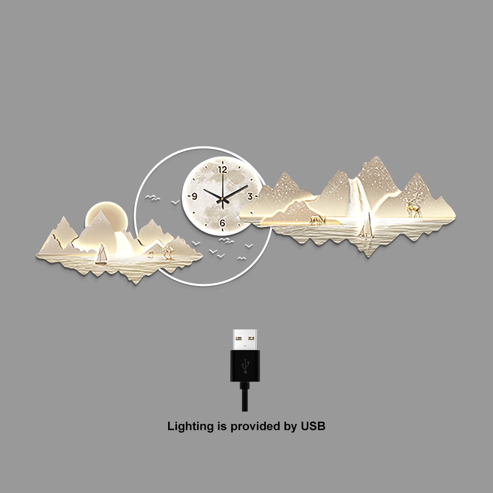 HMR - 39.4" LED Silent Wall Clock Modern Landscape Hanging Painting Decorative Wall Art