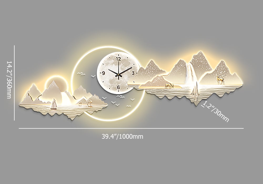 HMR - 39.4" LED Silent Wall Clock Modern Landscape Hanging Painting Decorative Wall Art