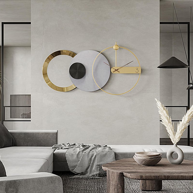 HMR - 33" x 18" Large Round Gray & Gold Wall Clock with Wood Pointer Modern Home Decor Art