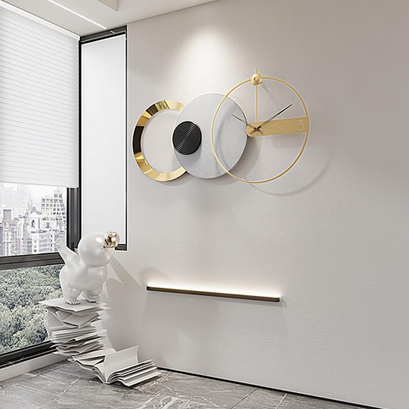HMR - 33" x 18" Large Round Gray & Gold Wall Clock with Wood Pointer Modern Home Decor Art