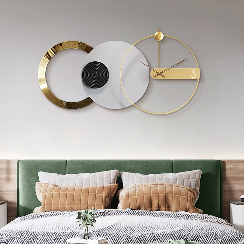 HMR - 33" x 18" Large Round Gray & Gold Wall Clock with Wood Pointer Modern Home Decor Art