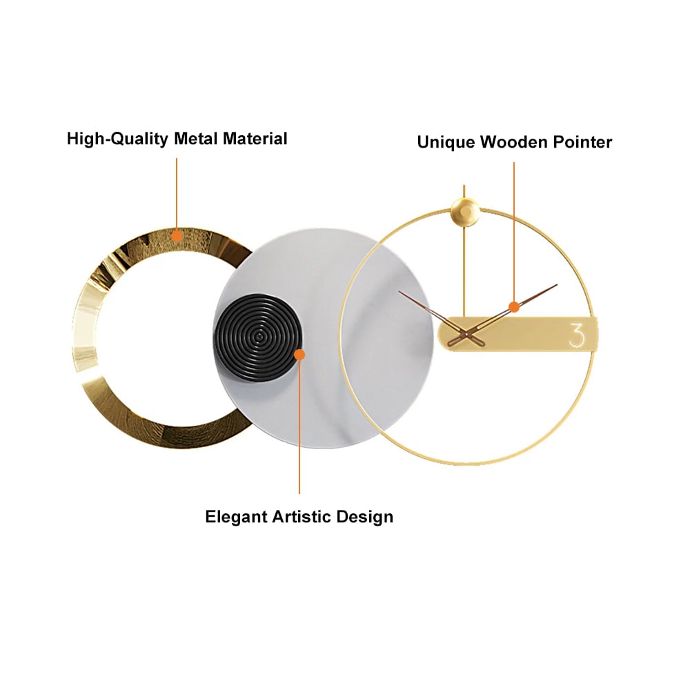 HMR - 33" x 18" Large Round Gray & Gold Wall Clock with Wood Pointer Modern Home Decor Art