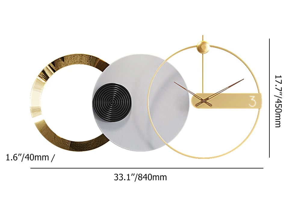 HMR - 33" x 18" Large Round Gray & Gold Wall Clock with Wood Pointer Modern Home Decor Art