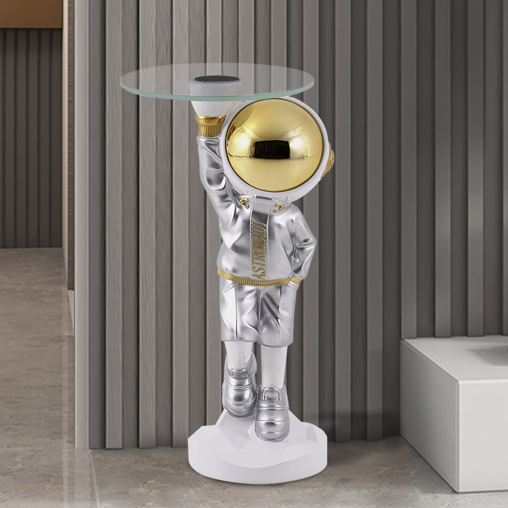 HMR - 23.6" Silver Astronaut Floor Statue Sculpture Decor Art Side Table with Wireless Charger