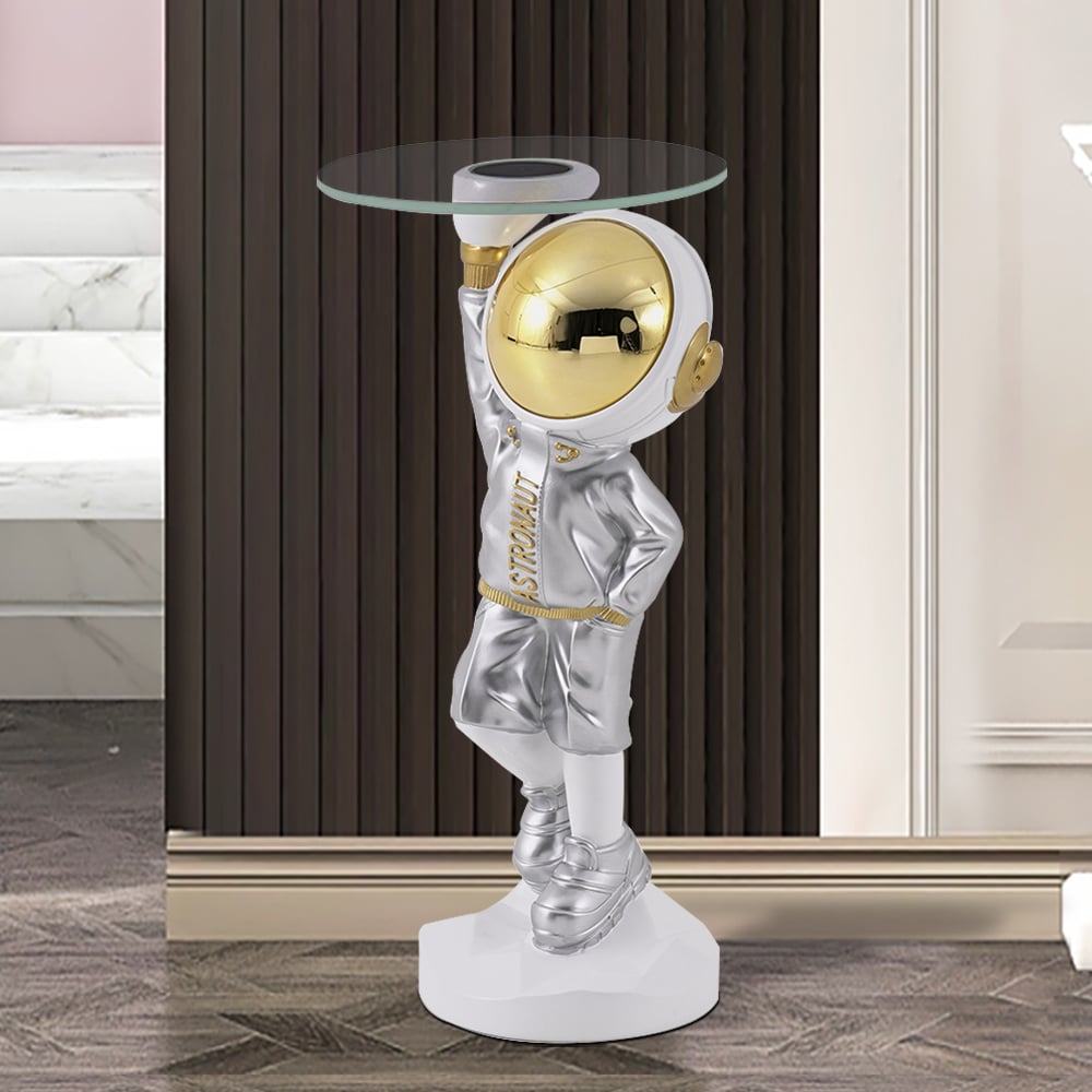 HMR - 23.6" Silver Astronaut Floor Statue Sculpture Decor Art Side Table with Wireless Charger