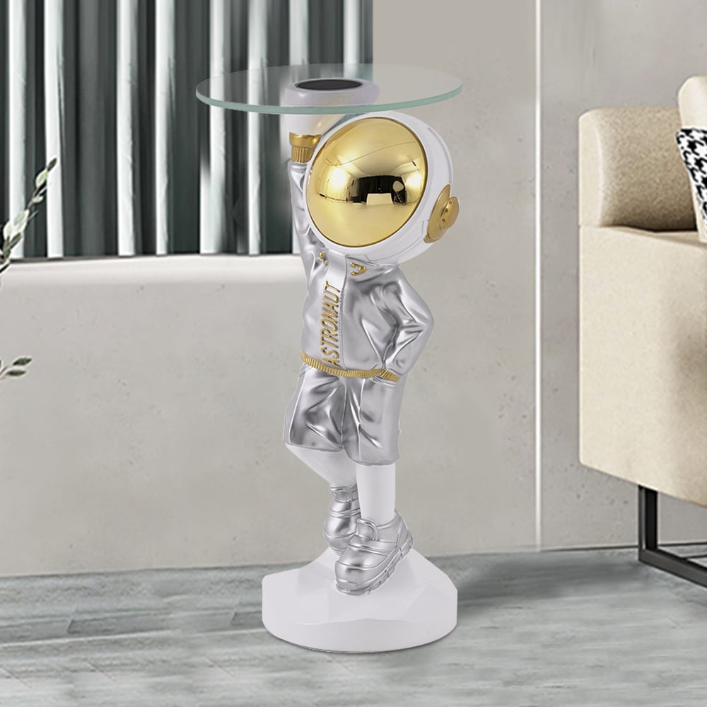 HMR - 23.6" Silver Astronaut Floor Statue Sculpture Decor Art Side Table with Wireless Charger