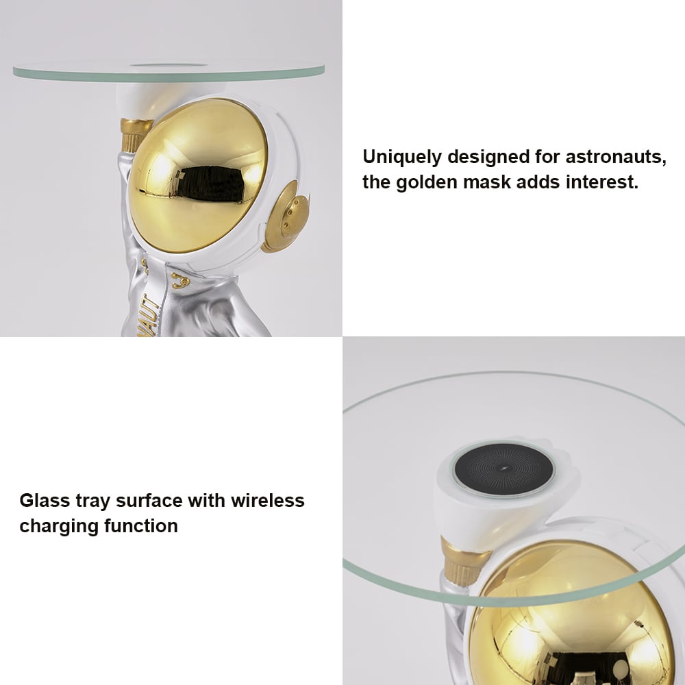 HMR - 23.6" Silver Astronaut Floor Statue Sculpture Decor Art Side Table with Wireless Charger