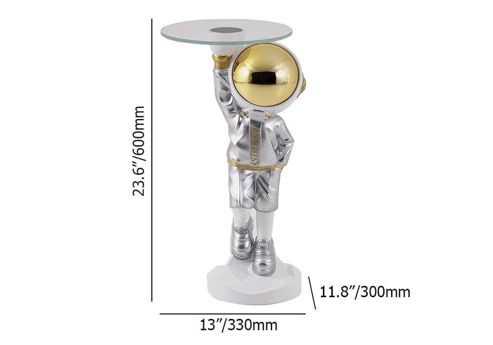HMR - 23.6" Silver Astronaut Floor Statue Sculpture Decor Art Side Table with Wireless Charger
