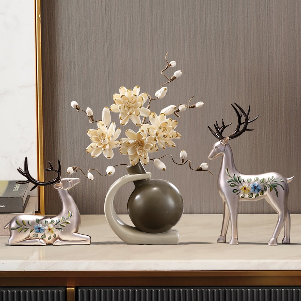 HMR - Creative Silver Deer Decoration Artificial Flower Set Golden Artificial Flowers in Vase