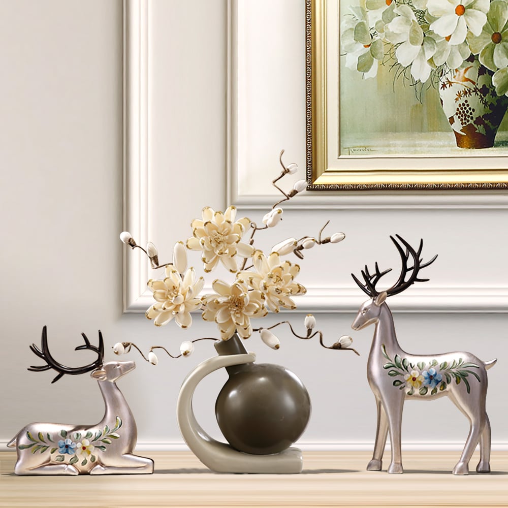 HMR - Creative Silver Deer Decoration Artificial Flower Set Golden Artificial Flowers in Vase