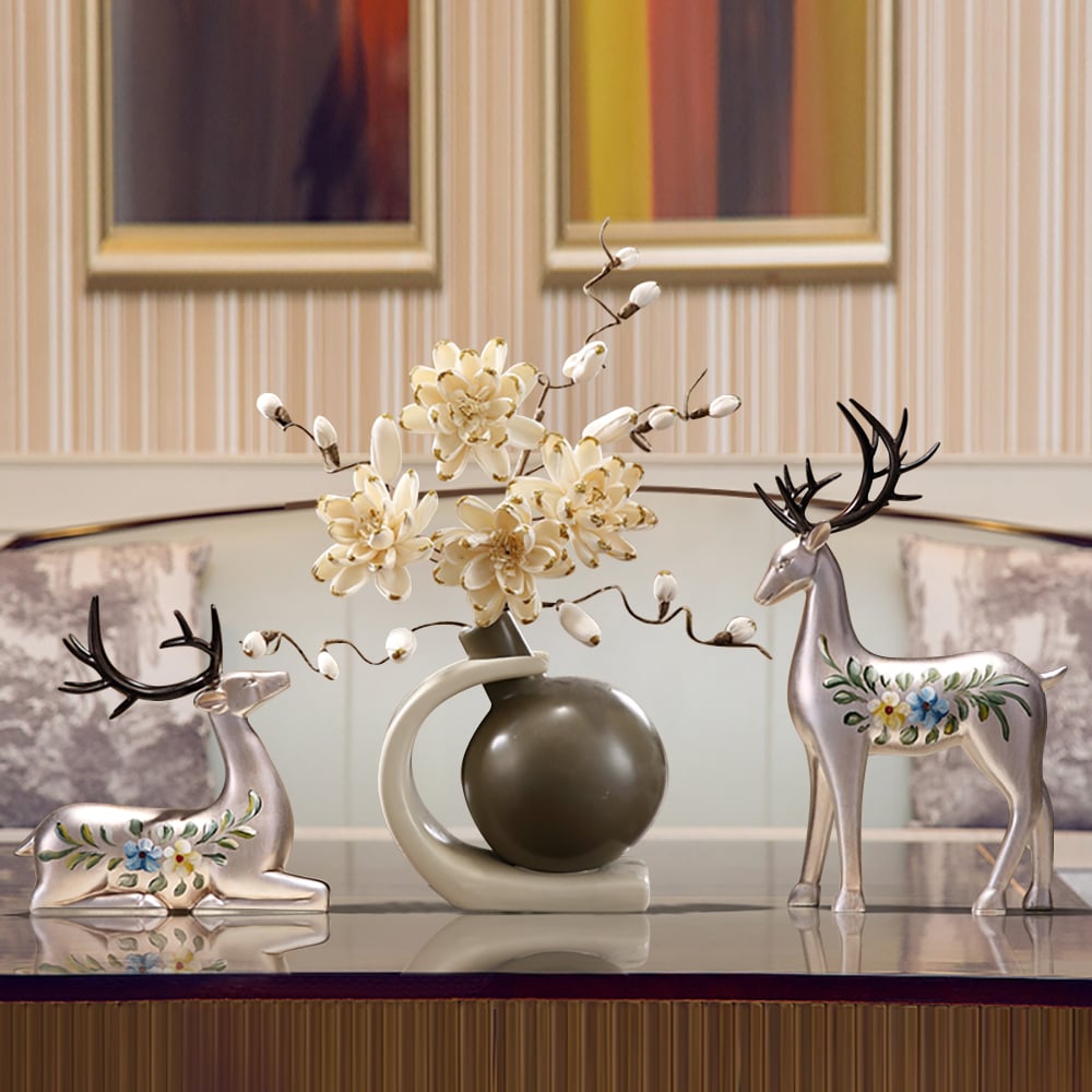 HMR - Creative Silver Deer Decoration Artificial Flower Set Golden Artificial Flowers in Vase