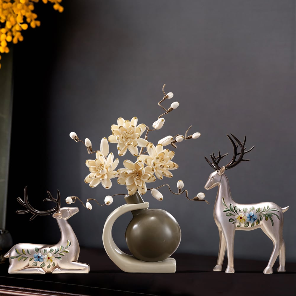 HMR - Creative Silver Deer Decoration Artificial Flower Set Golden Artificial Flowers in Vase
