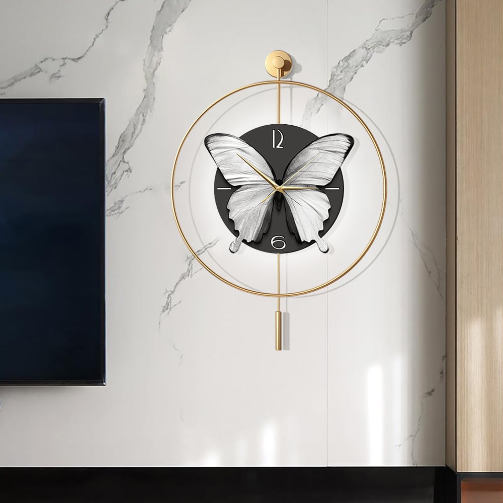 HMR - LED Golden Butterfly Silent Pendulum Remote Control Adjustable Wall Clock