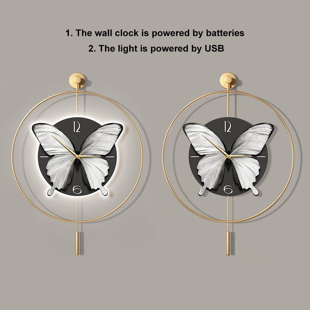 HMR - LED Golden Butterfly Silent Pendulum Remote Control Adjustable Wall Clock