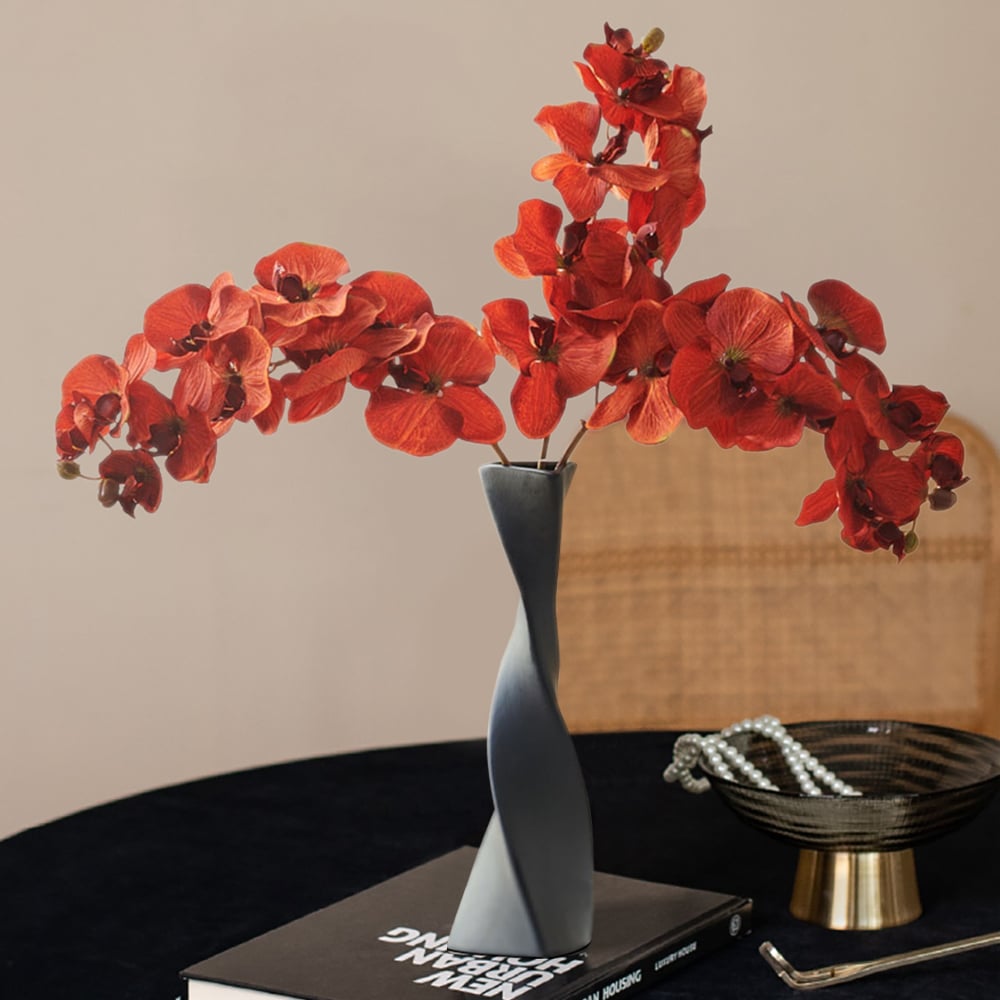 HMR - Modern Creative Orange Orchid Artificial Flower Arrangement in Black Vase