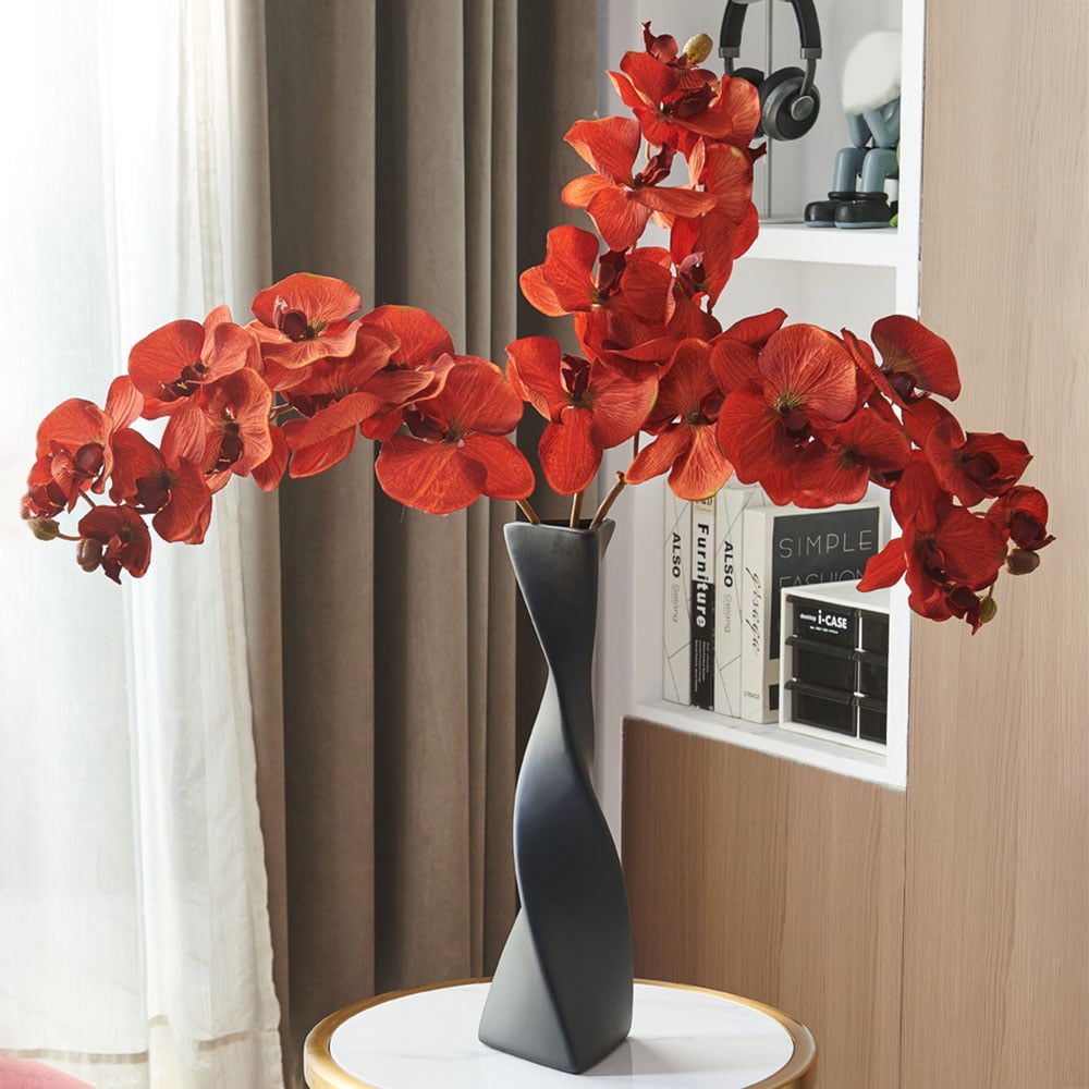 HMR - Modern Creative Orange Orchid Artificial Flower Arrangement in Black Vase