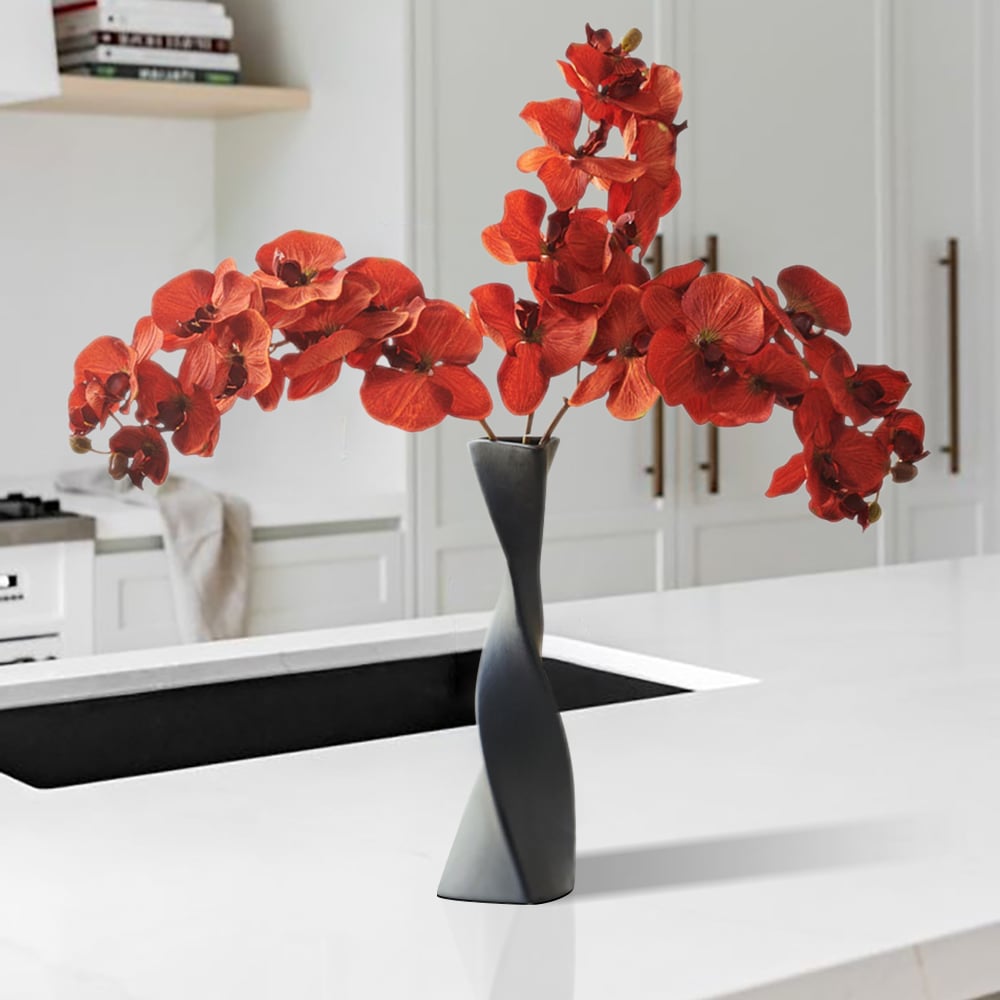 HMR - Modern Creative Orange Orchid Artificial Flower Arrangement in Black Vase