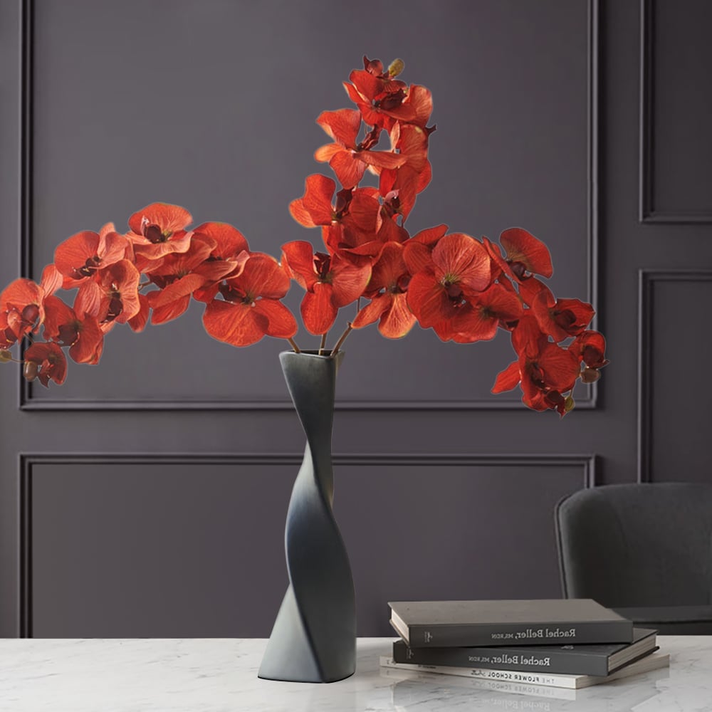 HMR - Modern Creative Orange Orchid Artificial Flower Arrangement in Black Vase