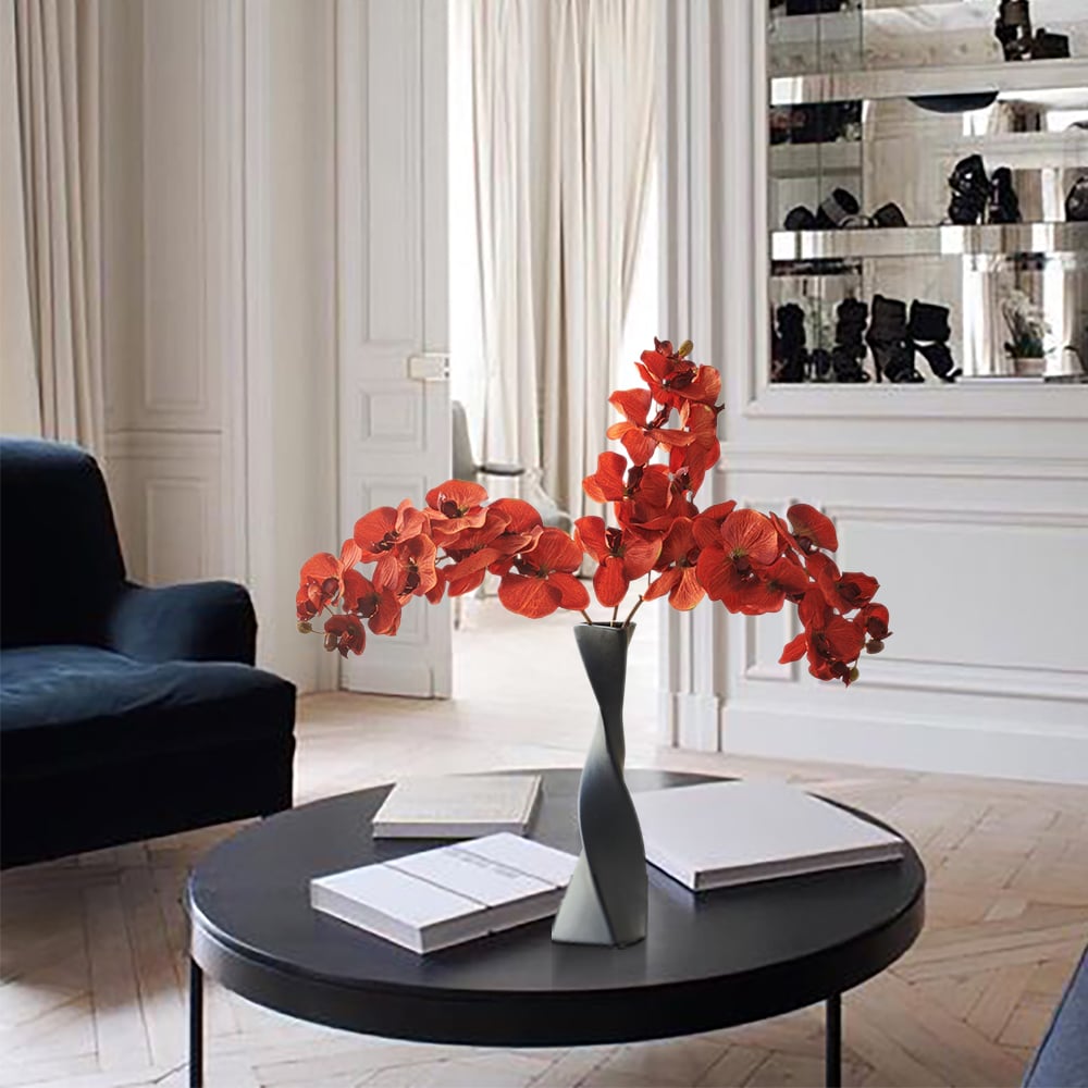 HMR - Modern Creative Orange Orchid Artificial Flower Arrangement in Black Vase