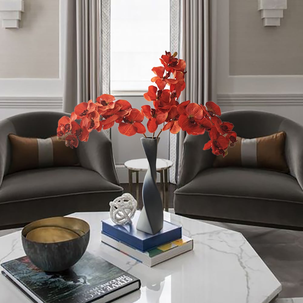 HMR - Modern Creative Orange Orchid Artificial Flower Arrangement in Black Vase