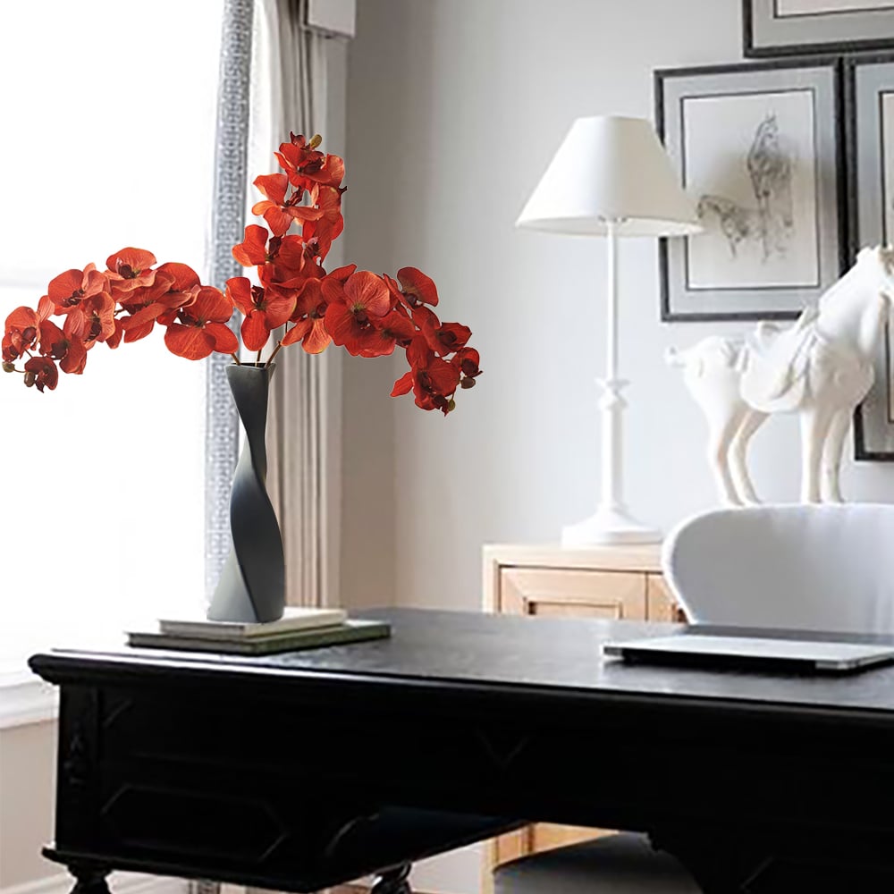 HMR - Modern Creative Orange Orchid Artificial Flower Arrangement in Black Vase