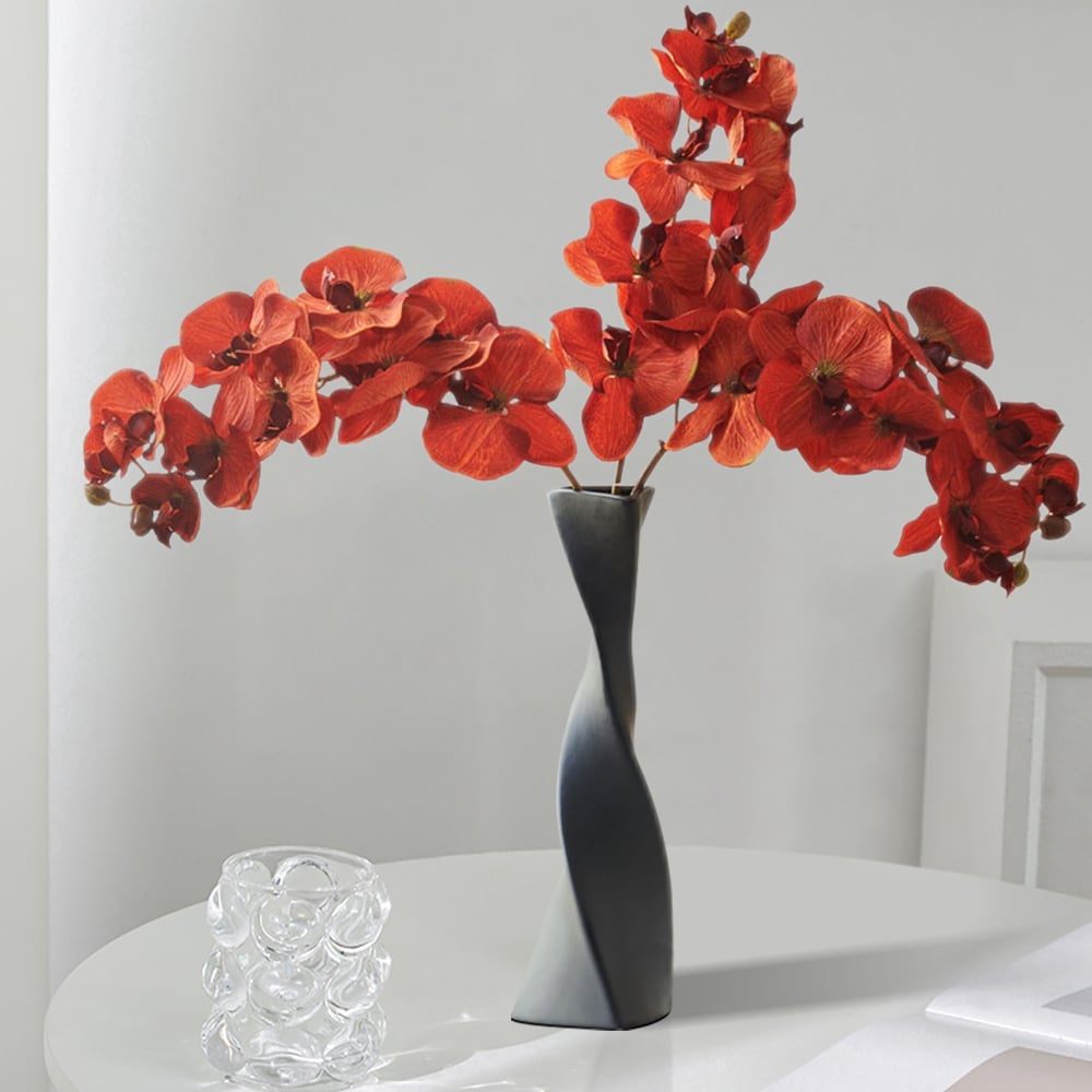 HMR - Modern Creative Orange Orchid Artificial Flower Arrangement in Black Vase
